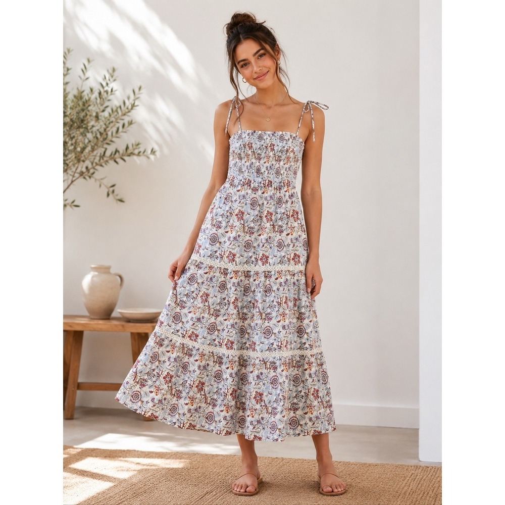 Roller Rabbit Women's Sketched Floral Tie-Shoulder Tiered Maxi A-Line Dress S